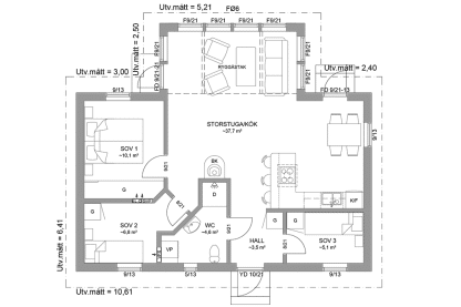 Planritning fritidshus enplanshus vinkelhus 71 kvm Ängnö 23-81