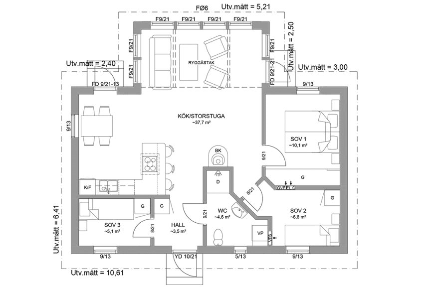 Planritning fritidshus enplanshus vinkelhus 71 kvm Ängnö 23-81 spegelvänd