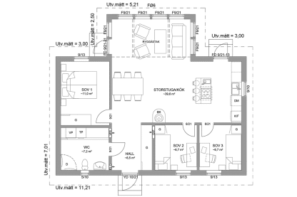 Planritning fritidshus enplanshus vinkelhus 81 kvm Ängnö 23-92 spegelvänd