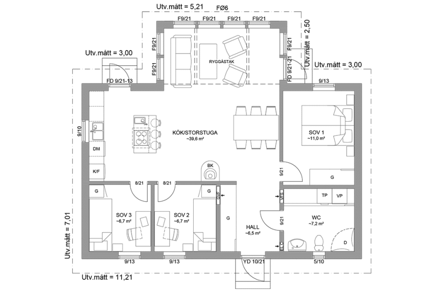 Planritning fritidshus enplanshus vinkelhus 81 kvm Ängnö 23-92 spegelvänd