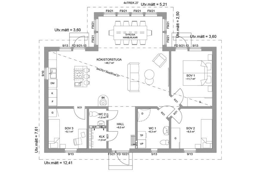 Planritning fritidshus enplanshus vinkelhus 95 kvm Ängnö 27-108 spegelvänd