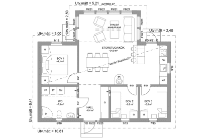 Planritning fritidshus enplanshus vinkelhus 71 kvm Ängnö 27-81 spegelvänd