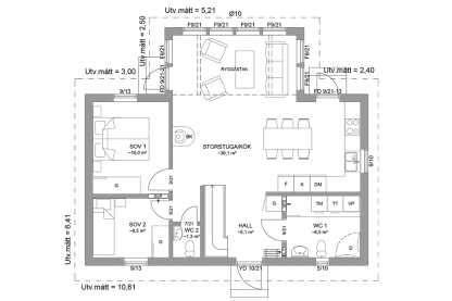 Planritning entréplan fritidshus med loft vinkelhus 98 kvm Ängnö 35-81 FHV