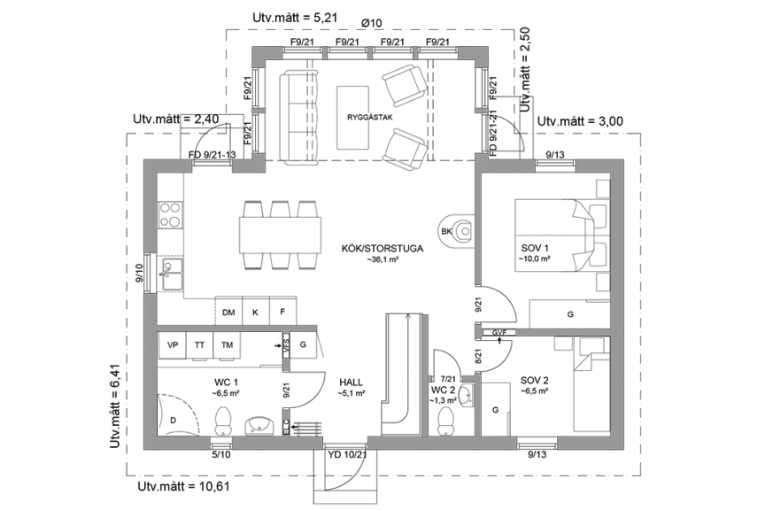 Planritning entréplan fritidshus med loft vinkelhus 98 kvm Ängnö 35-81 FHV spegelvänd