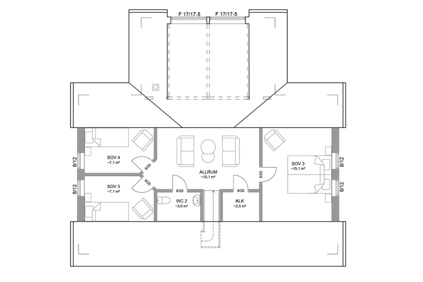 Planritning loftplan fritidshus med loft vinkelhus 150 kvm Ängnö 40-118