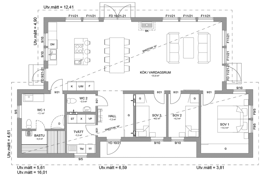 Planritning fritidshus enplanshus 113 kvm Attityd 135 spegelvänd