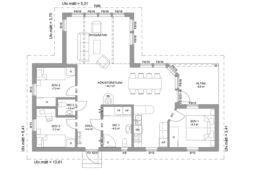 Planritning fritidshus enplanshus vinkelhus 85 kvm Blidö 23-107 spegelvänd