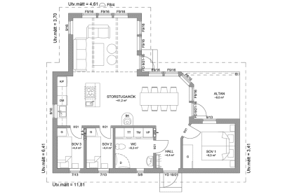 Planritning fritidshus enplanshus vinkelhus 72 kvm Blidö 23-93