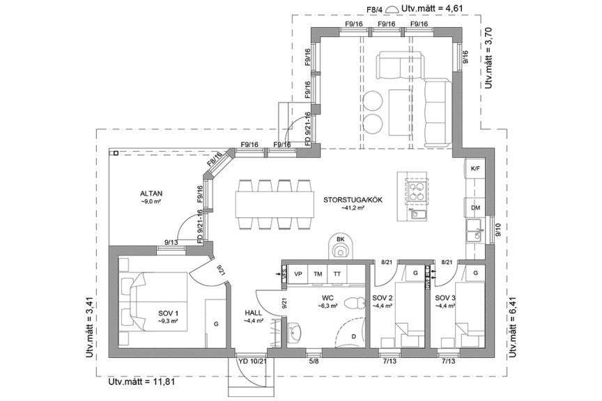 Planritning fritidshus enplanshus vinkelhus 72 kvm Blidö 23-93 spegelvänd
