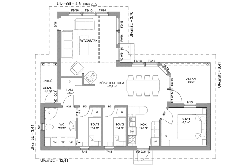 Planritning fritidshus enplanshus vinkelhus 70 kvm Blidö 23-97 spegelvänd