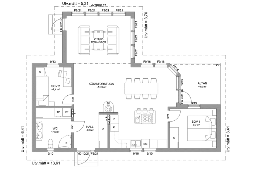 Planritning fritidshus enplanshus vinkelhus 85 kvm Blidö 27-107 spegelvänd