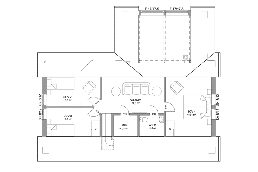 Planritning loftplan fritidshus med loft vinkelhus 130 kvm Blidö 35-115 FHV spegelvänd