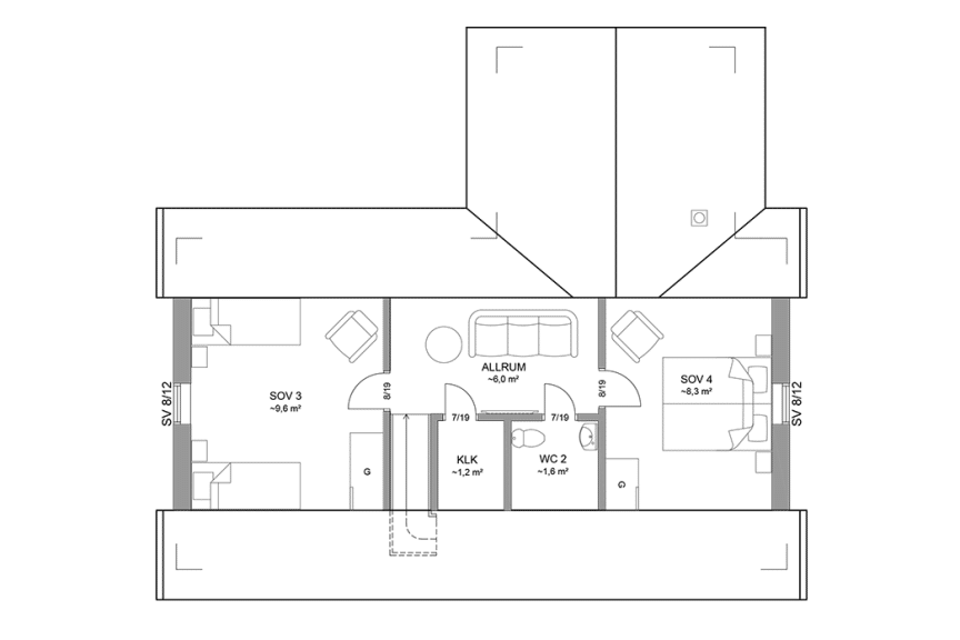 Planritning loftplan fritidshus med loft vinkelhus 102 kvm Blidö 40-93 spegelvänd