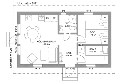 Planritning fritidshus eller gäststuga 39 kvm Dalarö 23-46 spegelvänd