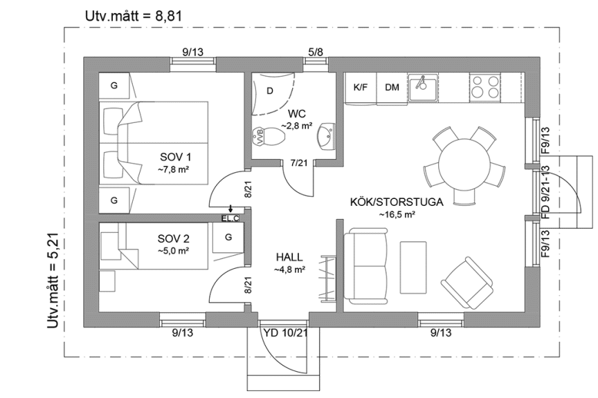 Planritning fritidshus eller gäststuga 39 kvm Dalarö 23-46 spegelvänd