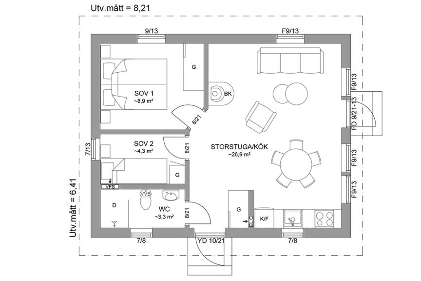 Planritning fritidshus 45 kvm Dalarö 23-53 spegelvänd