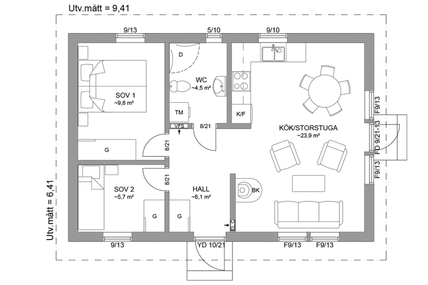 Planritning fritidshus 52 kvm Dalarö 23-60 spegelvänd