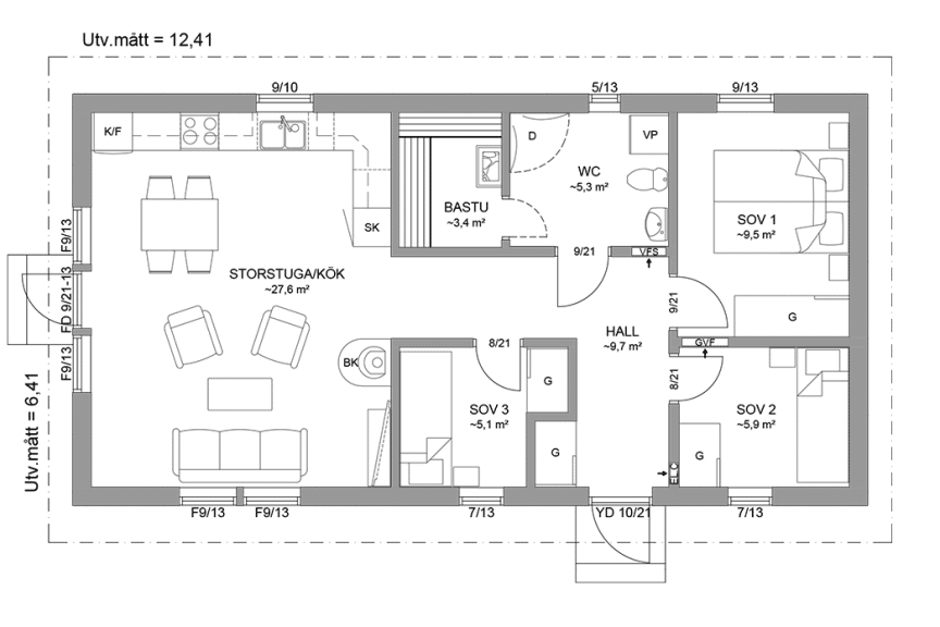 Planritning fritidshus 70 kvm Dalarö 23-80 spegelvänd