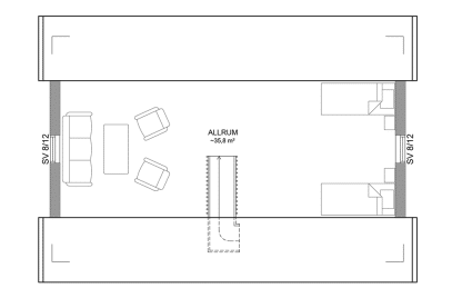 Planritning loftplan fritidshus med loft 79 kvm Dalarö 35-64 FHV