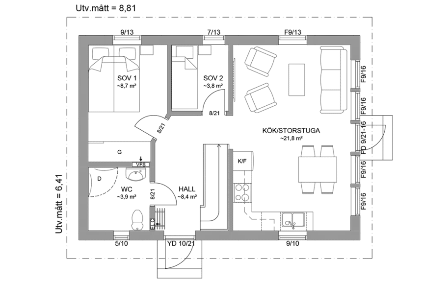 Planritning entréplan fritidshus med loft 72 kvm Dalarö 40-56 spegelvänd