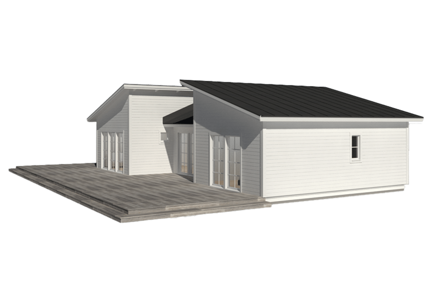 Form 107, modernt h-hus enplanshus med pulpettak 88 kvm