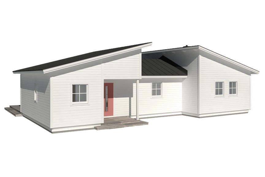 Form 107, modernt h-hus enplanshus med pulpettak 88 kvm