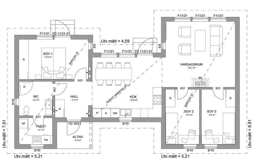 Planritning fritidshus enplanshus 88 kvm Form 107