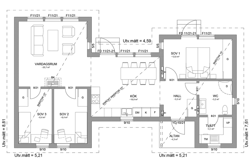 Planritning fritidshus enplanshus 88 kvm Form 107 spegelvänd