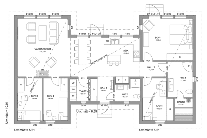 Planritning fritidshus enplanshus 129 kvm Form 145