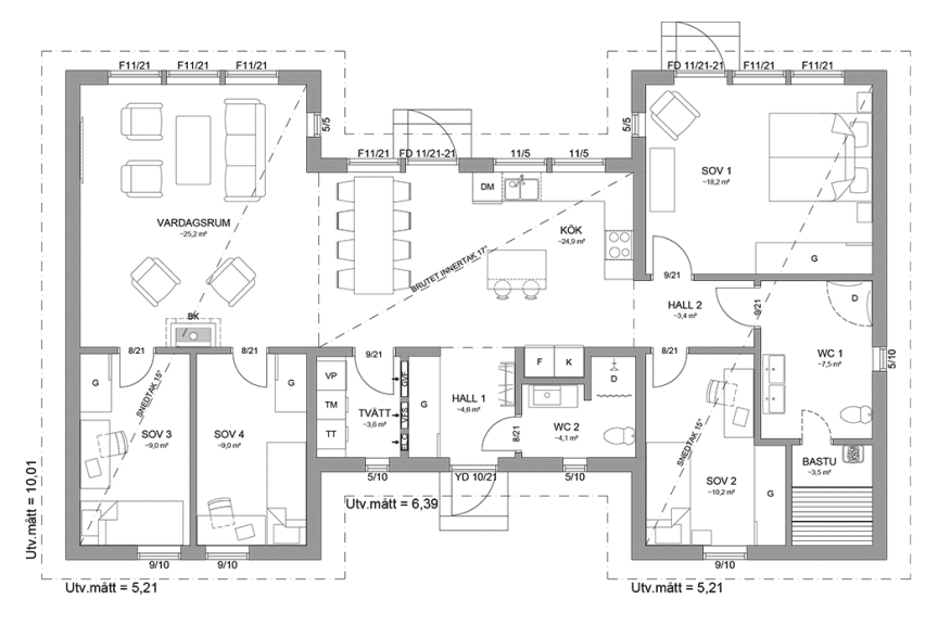 Planritning fritidshus enplanshus 129 kvm Form 145