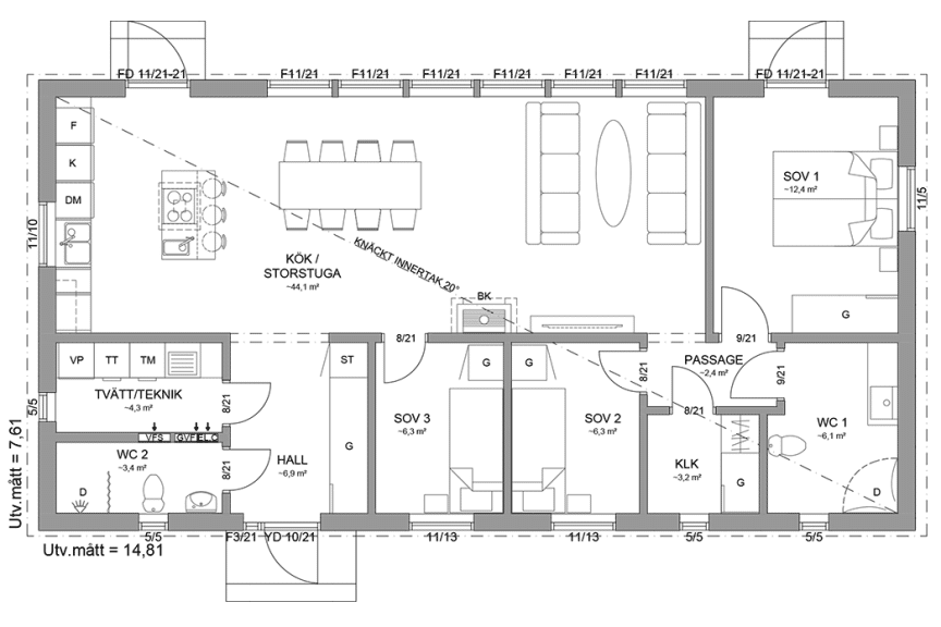 Planritning fritidshus enplanshus 101 kvm Gotland 27-113 spegelvänd