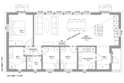 Planritning fritidshus enplanshus 95 kvm Gotland 27-113E