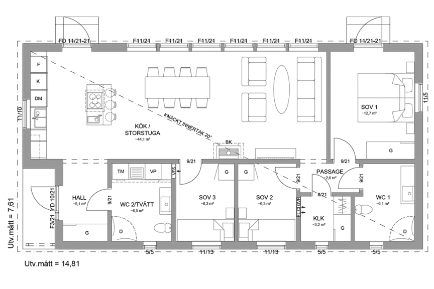 Planritning fritidshus enplanshus 95 kvm Gotland 27-113E spegelvänd