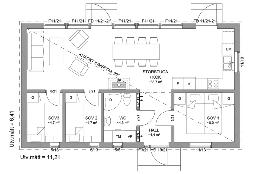 Planritning fritidshus enplanshus 63 kvm Gotland 27-72
