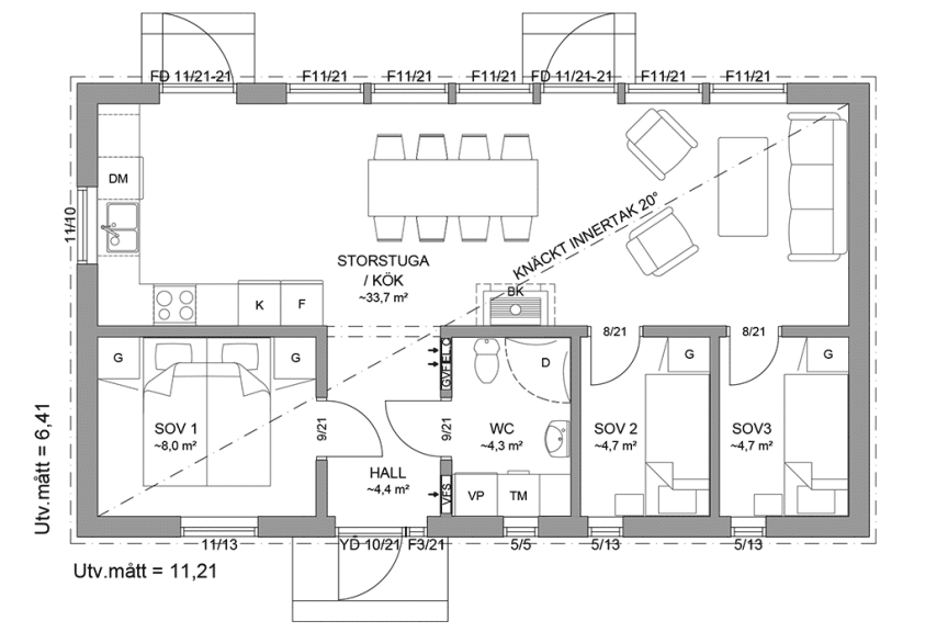 Planritning fritidshus enplanshus 63 kvm Gotland 27-72 spegelvänd