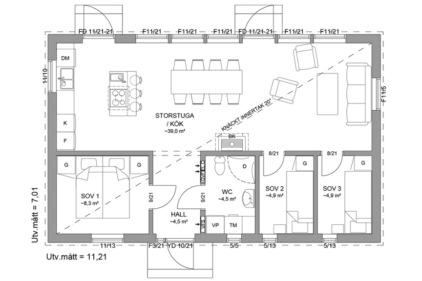Planritning fritidshus enplanshus 69 kvm Gotland 27-79 spegelvänd