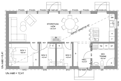 Planritning fritidshus enplanshus 70 kvm Gotland 27-80