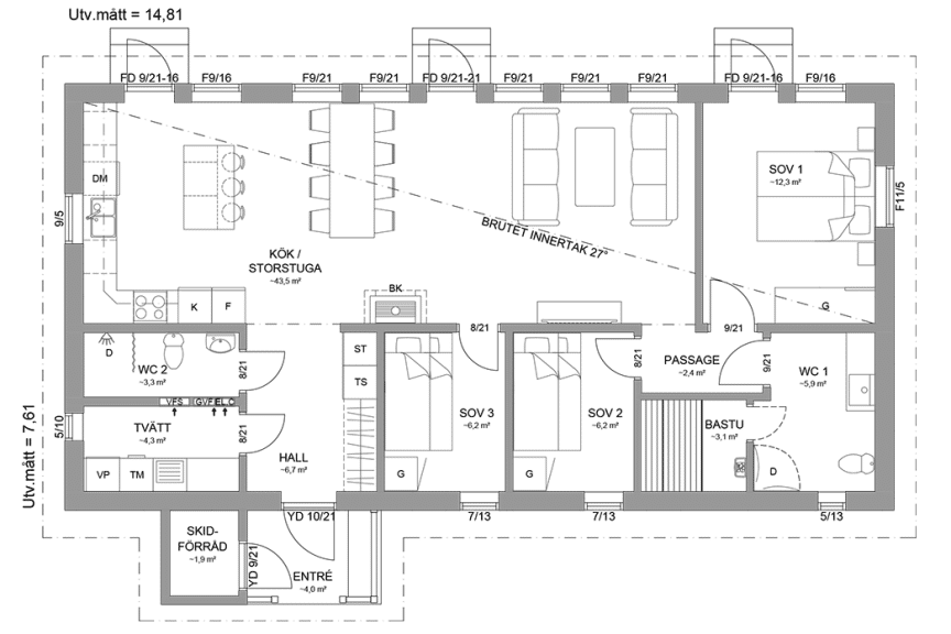 Planritning fjällstuga timmerhus enplanshus 99 kvm Marsfjäll 113 spegelvänd