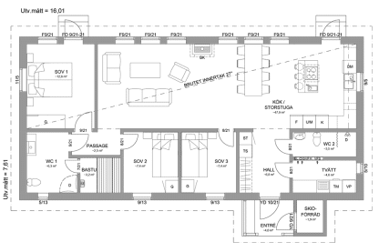 Planritning fjällstuga timmerhus enplanshus 108 kvm Marsfjäll 122