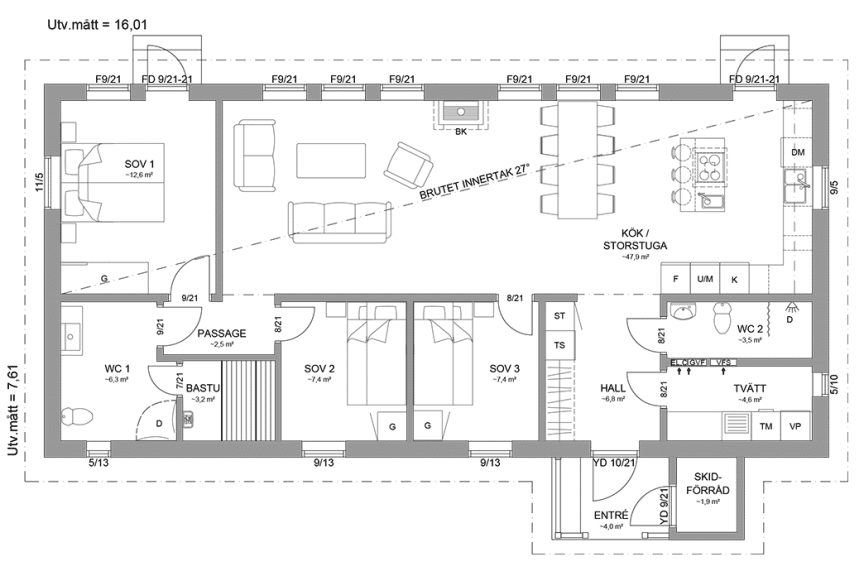 Planritning fjällstuga timmerhus enplanshus 108 kvm Marsfjäll 122