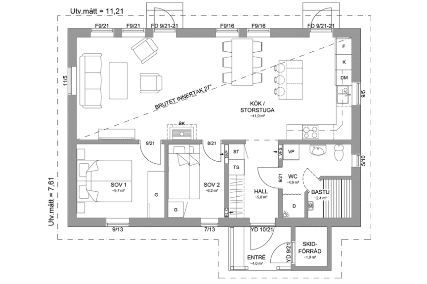 Planritning fjällstuga timmerhus enplanshus 74 kvm Marsfjäll 85