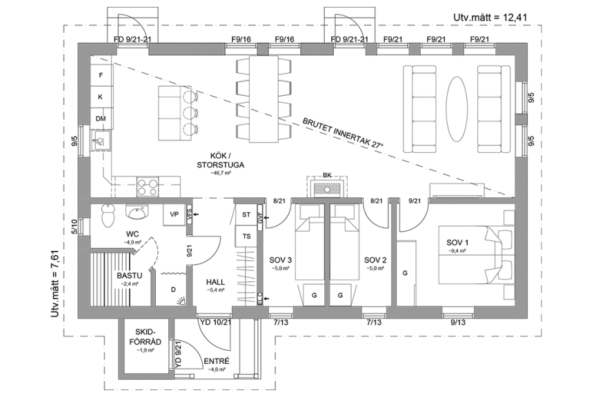 Planritning fjällstuga timmerhus enplanshus 82 kvm Marsfjäll 94 spegelvänd