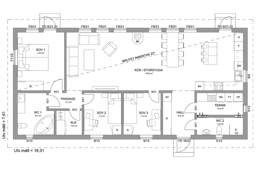 Planritning fritidshus enplanshus 109 kvm Sandhamn 23-122