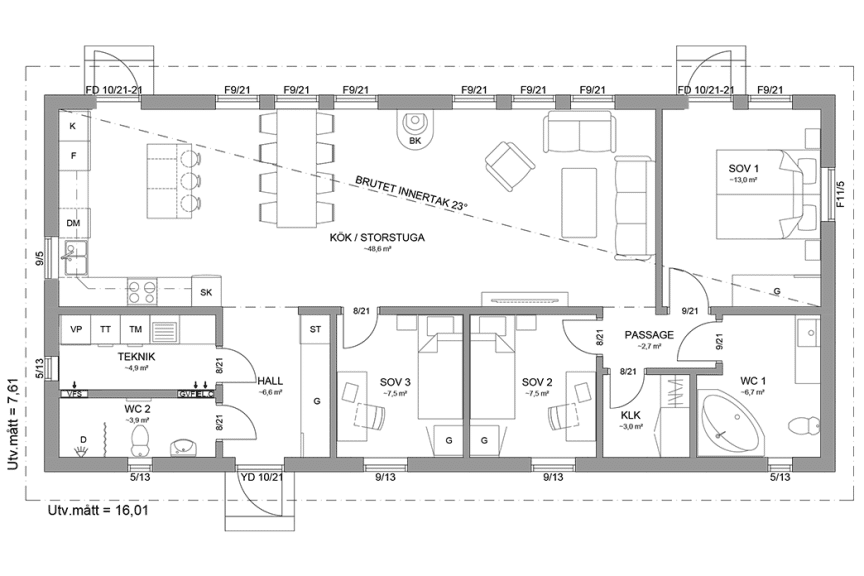 Planritning fritidshus enplanshus 109 kvm Sandhamn 23-122 spegelvänd