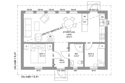 Planritning fritidshus enplanshus 52 kvm Sandhamn 23-60