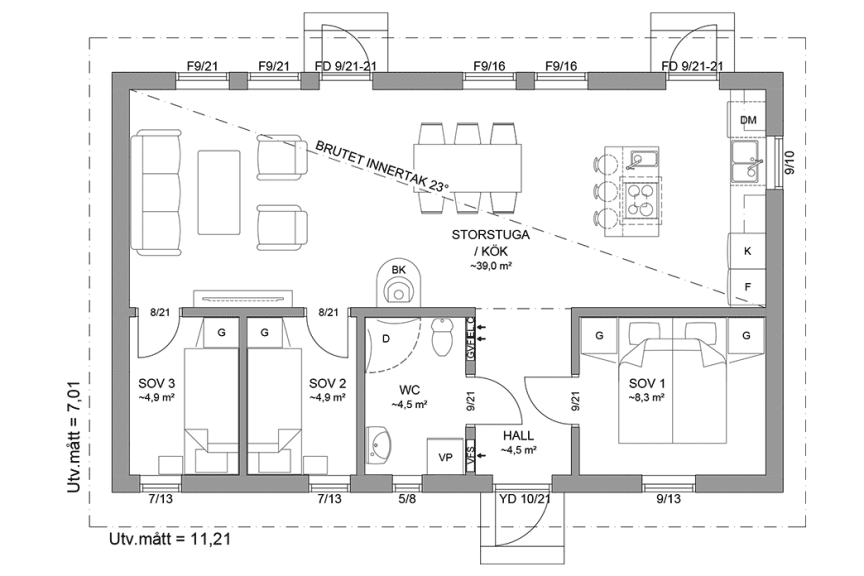 Planritning fritidshus enplanshus 69 kvm Sandhamn 23-79