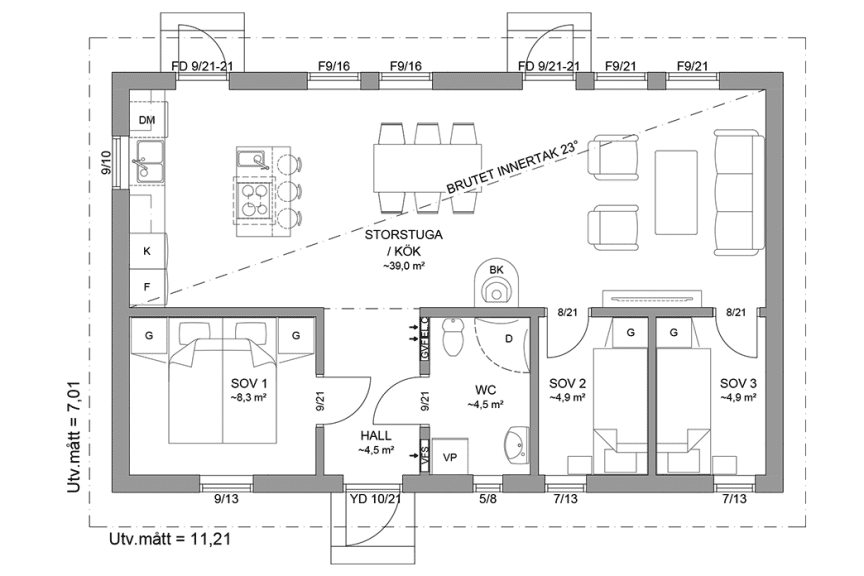 Planritning fritidshus enplanshus 69 kvm Sandhamn 23-79 spegelvänd