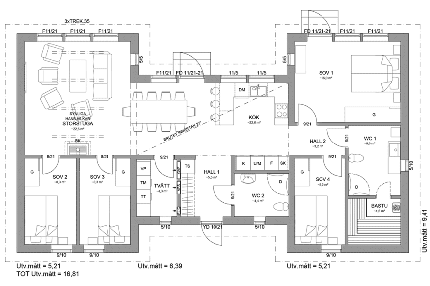 Planritning fjällstuga enplanshus 122 kvm Sarek 139