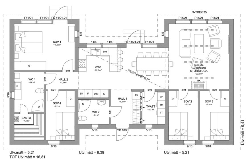 Planritning fjällstuga enplanshus 122 kvm Sarek 139 spegelvänd