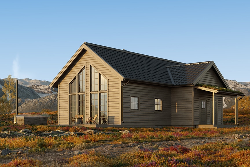 Sonfjället 35-101, fjällstuga med loft timmerhus 111 kvm i höstig fjällmiljö inzoomad